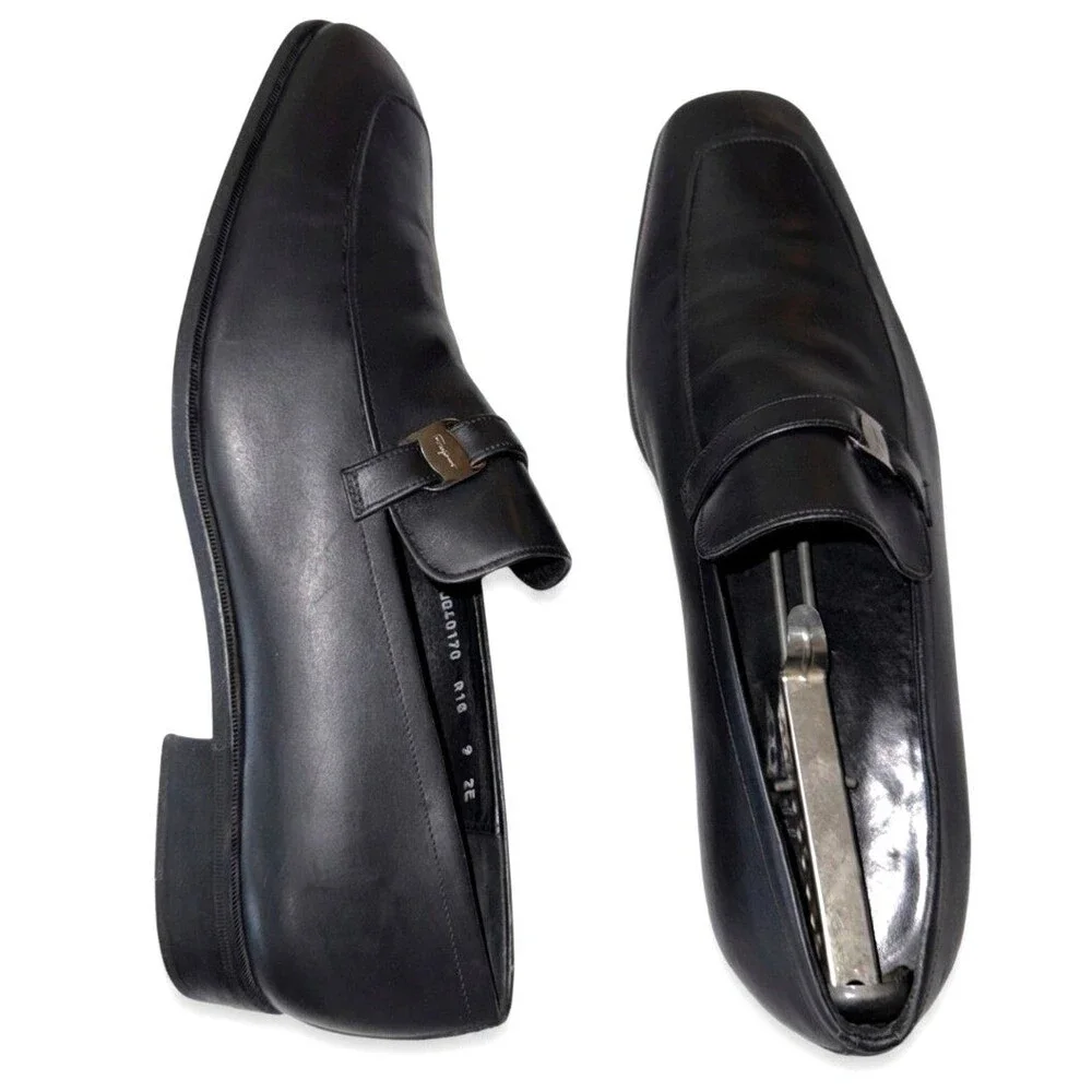 Salvatore Ferragamo Men 9 EE Black Leather Silver Bit Loafers Luxury Shoes Italy